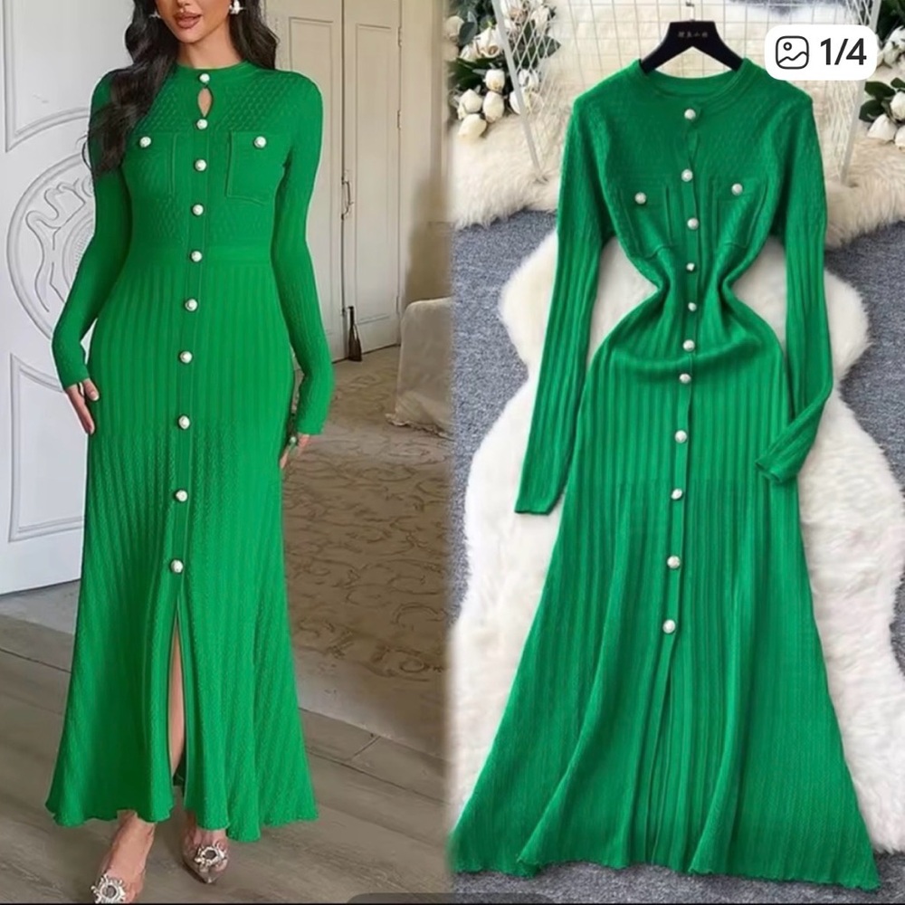 New Elegant Green Long Sleeve Knit Dress